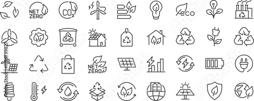 Ecology and Energy web icons. Nature green, electric car, organic, renewable energy, green technology, environmental energy collection. Editable stroke. Vector