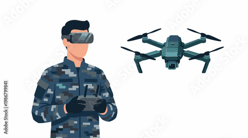 Military personnel in VR headset operating a drone with remote control
