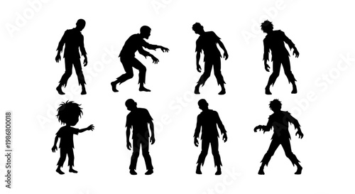 Zombie silhouette collection with 8 walking undead figures, spooky horror character set, black monster silhouettes for Halloween design