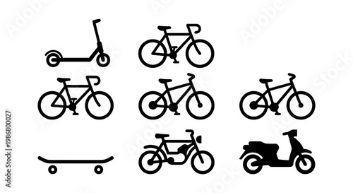 Bicycle and micro-mobility icon set, black silhouette urban transport symbols, 8 vector elements including scooter and skateboard for city travel
