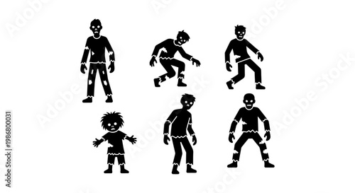 Zombie silhouette vector set, undead walking monsters in black and white, 6 spooky horror character icons for Halloween design