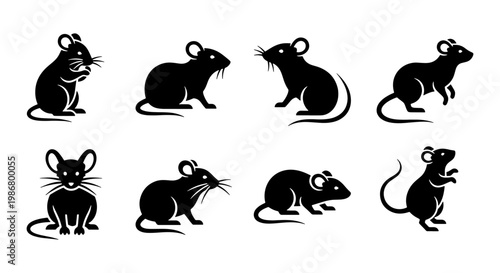 Black mouse silhouette icons, set of 8 rat vector illustrations, minimalist rodent character shapes, pest control and laboratory animal graphics