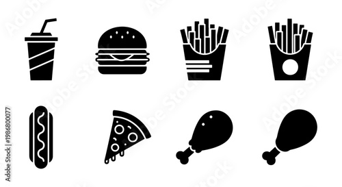 Fast food icon set with 8 black solid vector elements, junk food symbols including burger and fries, restaurant menu flat silhouettes for web design
