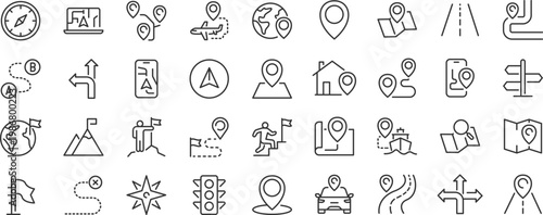 Route web icons. Navigation, location, route map, traffic, pin, collection. Editable stroke. Vector