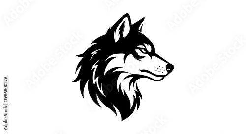 Stylized wolf head vector illustration, fierce black and white timber wolf profile, predatory wild animal mascot for sports team branding and logos