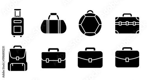 Black luggage and bag icon set, 8 travel suitcase and briefcase vector elements, professional business bag and backpack solid symbols