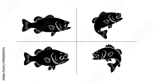 Vintage largemouth bass fish silhouettes, set of 4 black fishing vector icons, retro bass fish jumping and swimming illustrations for angling logos