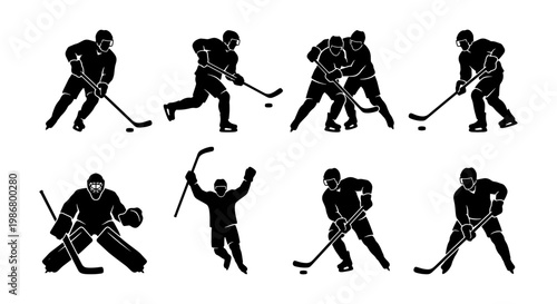 Ice hockey player silhouettes set, professional athletes in action poses, black vector icons of hockey players and goalie on white background