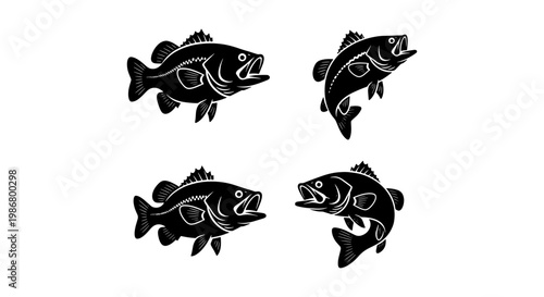 Vintage largemouth bass fish silhouettes, set of 4 black vector icons, jumping and swimming bass fish illustrations for fishing tournament logos