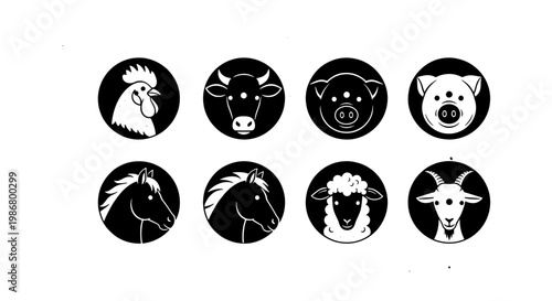 Minimalist farm animal icons, set of 8 black and white livestock vector circles, flat livestock head symbols for butcher shop and organic farm branding