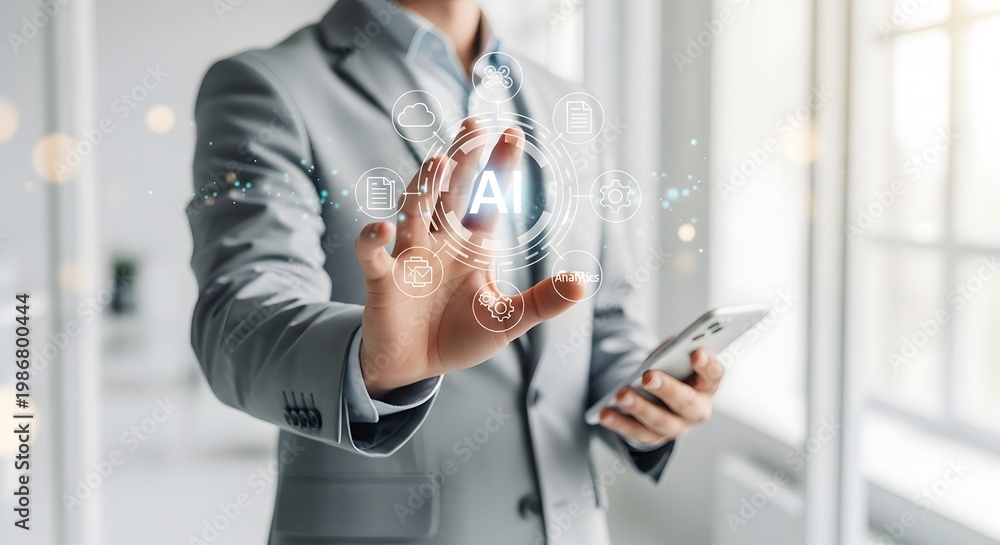Naklejka premium A business professional interacts with a holographic ai interface representing the future of technology and innovation high quality detailed modern elegant stylish