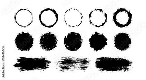 Grunge black ink brush strokes and circle frames, set of 13 hand drawn paint splatters and textures, distressed artistic vector elements for design