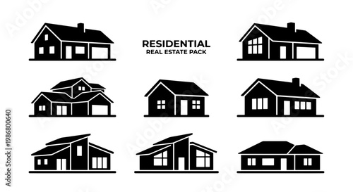 Residential real estate pack of 9 house icons, black silhouette suburban home vector set, modern and traditional residential building illustrations