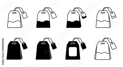 Minimalist tea bag icon set, black and white beverage brewing vector elements, 8 tea bag line and silhouette symbols for cafe menus