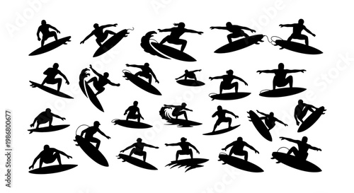 Surfer silhouette collection, 24 surfing vector icons of people riding waves on surfboards, black ocean sport silhouettes for summer beach branding