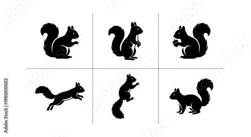 Black squirrel silhouette collection, set of 6 minimalist squirrel vector icons, forest animal silhouettes in various poses for nature branding and logos