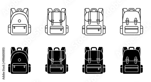 Minimalist backpack icon set, 8 vector school bag line and glyph symbols, travel rucksack collection for web and mobile UI design