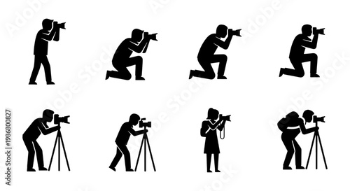 Photographer silhouette icons set, professional cameraman with tripod and DSLR camera, photography industry symbols for web and graphic design