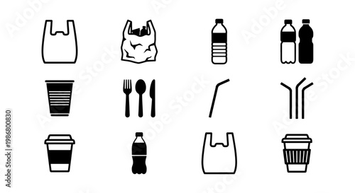 Single Use Plastic Waste Icons Set