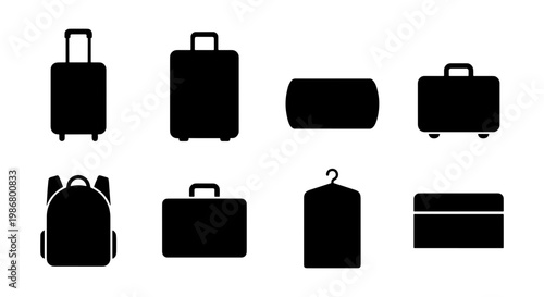 Travel luggage silhouette icons set, black suitcase and backpack vector elements, 8 baggage and garment bag symbols for tourism and vacation