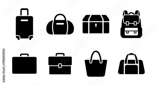 Minimalist travel luggage icons set, black solid suitcase and backpack vector symbols, collection of 8 baggage and handbag silhouettes for tourism