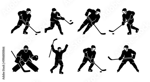 Ice hockey player silhouettes set, 8 black vector icons of athletes in action, professional hockey goalie and skater figures for sports design