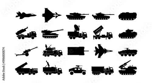 Military vehicle silhouette collection, 20 army equipment icons including tanks and fighter jets, black war machinery vector set for tactical design