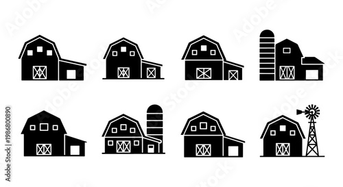 Rustic barn icons set, 8 black farm building silhouettes with silos and windmills, traditional wooden granary and stable vector illustrations