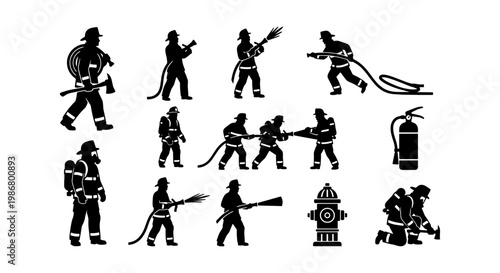 Firefighter silhouette set with 12 vector icons, professional firemen in action with hose and axe, emergency rescue service silhouettes