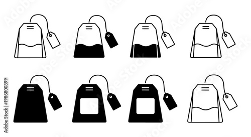 Minimalist tea bag icon set, 8 black and white vector tea bag symbols, flat line and silhouette tea infusion graphics for cafe menus and packaging