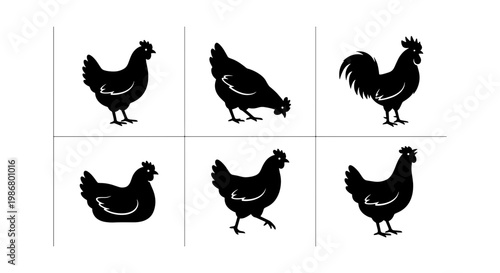 Black chicken silhouette collection, 6 poultry vector icons, farm bird rooster and hen silhouettes, organic livestock farming graphics for food packaging