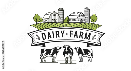 Dairy farm logo design features three spotted cows standing in front of a rural landscape with traditional barns and silos on a white background.