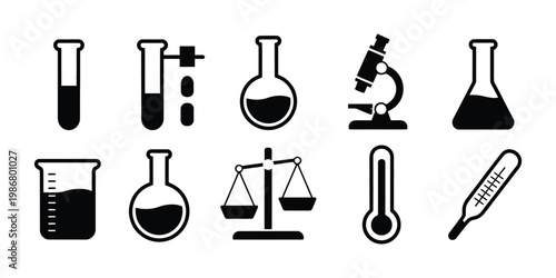 Set of various science laboratory equipment silhouettes, including test tubes, beakers and microscope, black and white vector icons for education and research.