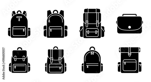 Minimalist backpack icon set, black silhouette school bag and travel rucksack vector collection, 8 luggage and hiking pack elements for web design