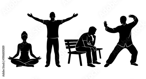 Mental health silhouettes set, people practicing mindfulness and meditation, yoga and tai chi exercise icons, emotional well-being vector graphics