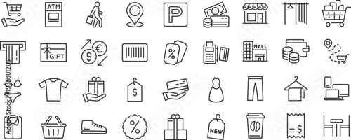 Shopping web icons. Online shop, digital marketing, delivery, coupon, discount, bank card, gift, shop collection. Editable stroke. Vector