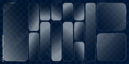 Abstract Blue Liquid Glass UI Panels Background with Futuristic Transparent Shapes
