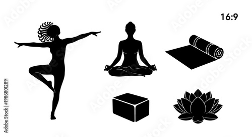 Yoga and wellness silhouette set, black meditation icons with lotus flower and yoga mat, female fitness poses and exercise equipment vector collection