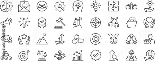 Core Values web icon set. Innovation, integrity, customers, accountability, teamwork, goals, motivation collection. Editable stroke. Vector