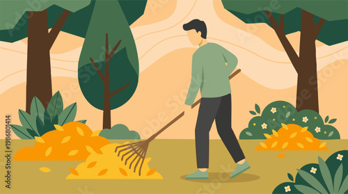 Man Raking Fallen Autumn Leaves in Park or Garden, Seasonal Yard Work