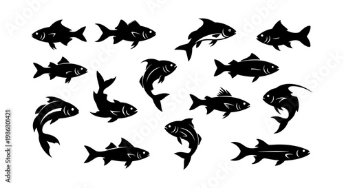 Black fish silhouettes collection, set of 14 aquatic animal vector icons, minimalist sea life shapes for fishing logos and marine design