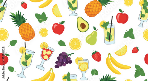Seamless pattern of refreshing summer cocktails, fresh fruits, citrus slices, and mint leaves scattered across a clean white background.