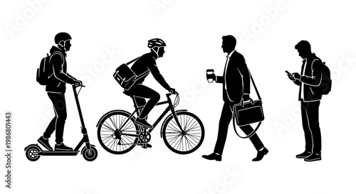 Black silhouettes of people commuting, urban travelers on bicycle and electric scooter, business man walking and person using smartphone vector set