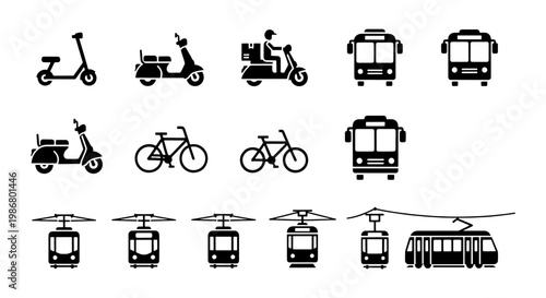 Public transportation icons set, urban vehicle vector symbols, black silhouette of bus tram bicycle and scooter for city transit maps
