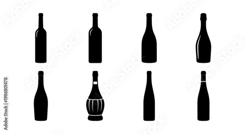 Minimalist wine bottle silhouettes, set of 8 alcohol glass bottle icons, black vector shapes for winery branding and restaurant menus