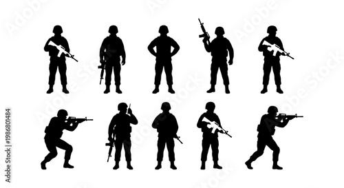 Military soldier silhouettes set, collection of 10 armed infantry vector icons, tactical special forces figures with rifles and combat gear
