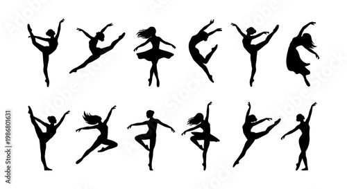 Ballerina silhouette collection, 12 ballet dancer vector icons, graceful female performers in various dance poses, elegant black figures on white