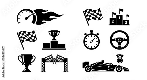 Racing icons set with 10 black vector elements, professional motorsport competition symbols, car racing championship graphics for tournament branding