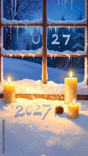 A serene winter scene with candles and snow outside