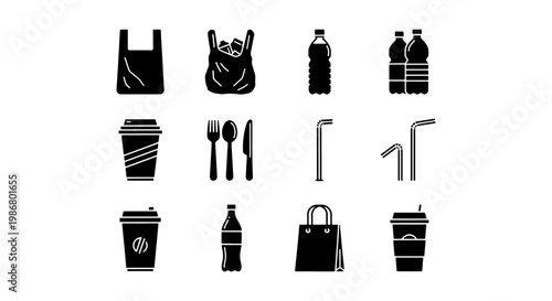 Single-use plastic icons set, black silhouette disposable waste elements, 12 vector symbols of plastic bags, bottles, straws and cutlery for environmental awareness